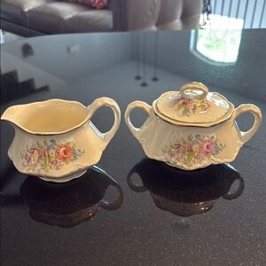 Floral Cream and Sugar Set with Gold Trim
